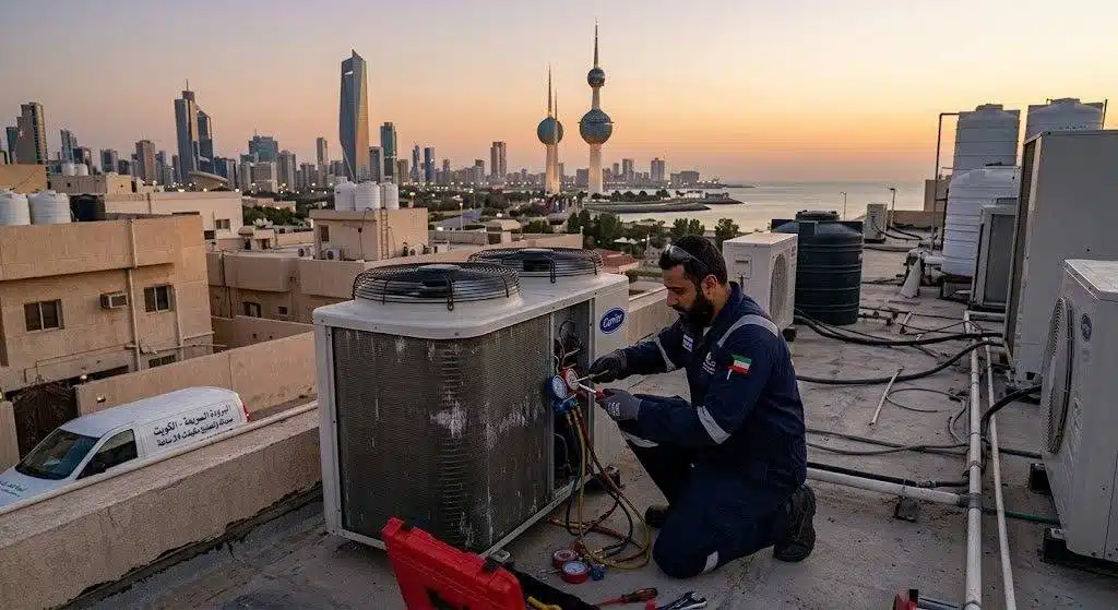 فني تكييف الكويت يفحص مكيف سبليت بأجهزة القياس
