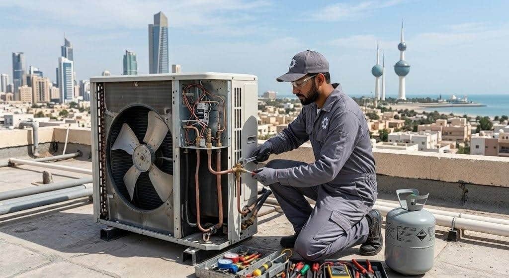 فني محترف يقوم بفحص وصيانة أجهزة التكييف بكفاءة عالية ضمن خدمات فني تكييف الحساوي بالكويت لضمان التبريد المثالي والعمل المستمر.
