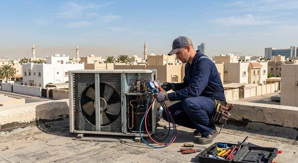 فني تكييف محترف يقوم بصيانة وإصلاح المكيفات بعناية ضمن خدمات فني تكييف الري بالكويت لضمان تبريد مثالي وكفاءة تشغيل عالية.