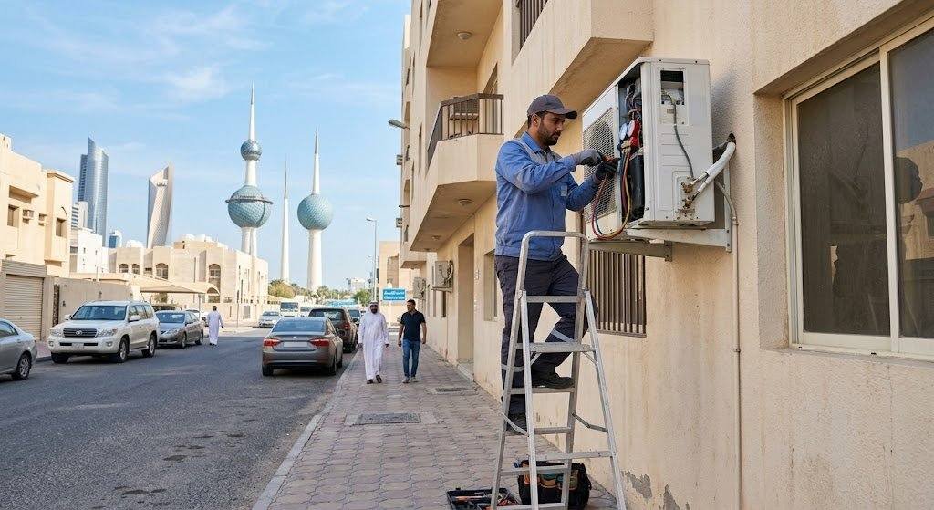 فني تكييف محترف يقوم بصيانة وإصلاح المكيفات بعناية ضمن خدمات فني تكييف الشهداء بالكويت لضمان تبريد مثالي وكفاءة تشغيل عالية.