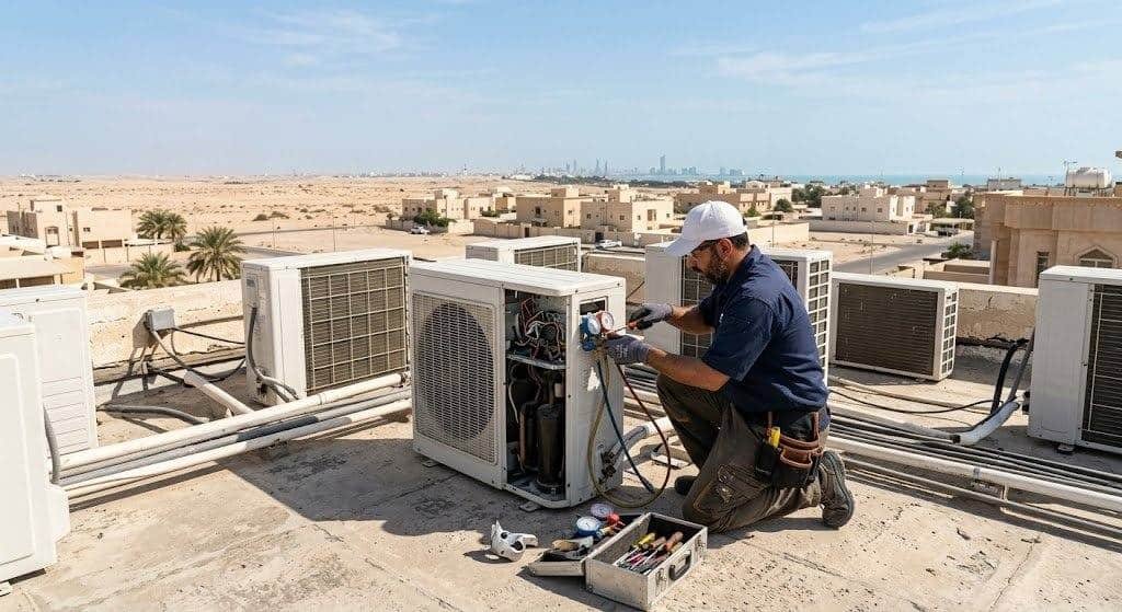 فني تكييف محترف يقوم بصيانة وإصلاح المكيفات بعناية ضمن خدمات فني تكييف صباح السالم بالكويت لضمان تبريد مثالي وكفاءة تشغيل عالية.