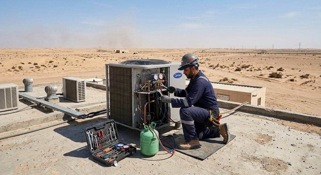 فني تكييف محترف يقوم بصيانة وإصلاح المكيفات بعناية ضمن خدمات فني تكييف عبدالله السالم بالكويت لضمان تبريد مثالي وكفاءة تشغيل عالية.