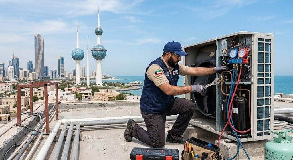 فني تكييف محترف يقوم بصيانة وإصلاح المكيفات بعناية ضمن خدمات فني تكييف العدان بالكويت لضمان تبريد مثالي وكفاءة تشغيل عالية.