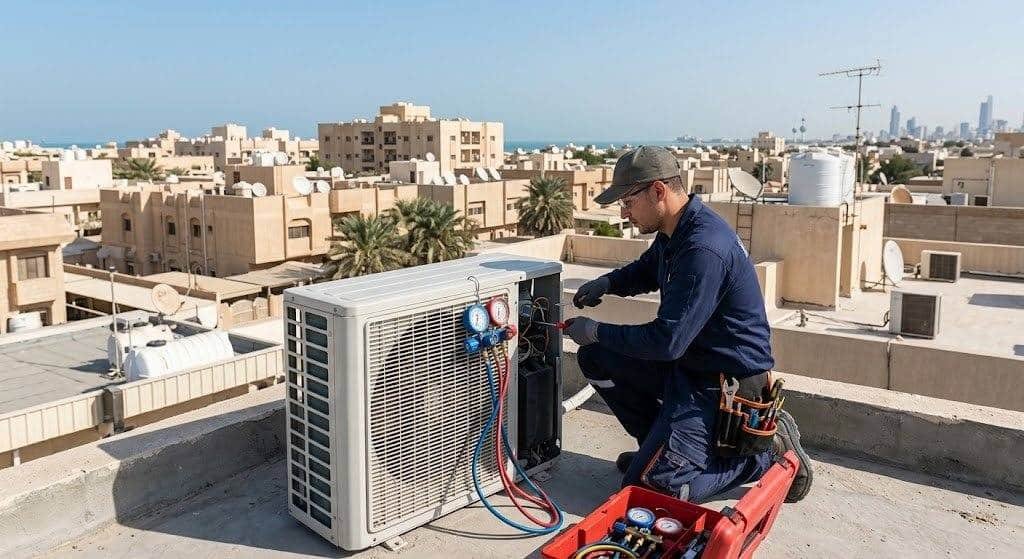 فني تكييف محترف يقوم بصيانة وإصلاح المكيفات بعناية ضمن خدمات فني تكييف سلوى بالكويت لضمان تبريد مثالي وكفاءة تشغيل عالية.