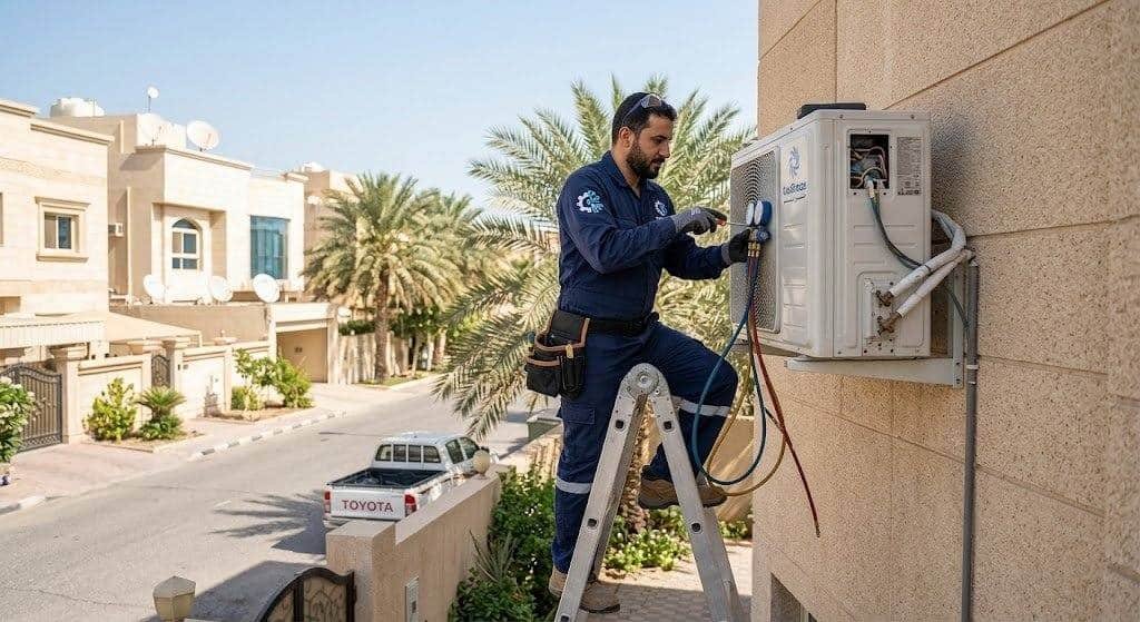 فني تكييف محترف يقوم بصيانة وإصلاح المكيفات بعناية ضمن خدمات فني تكييف الرقة بالكويت لضمان تبريد مثالي وكفاءة تشغيل عالية.