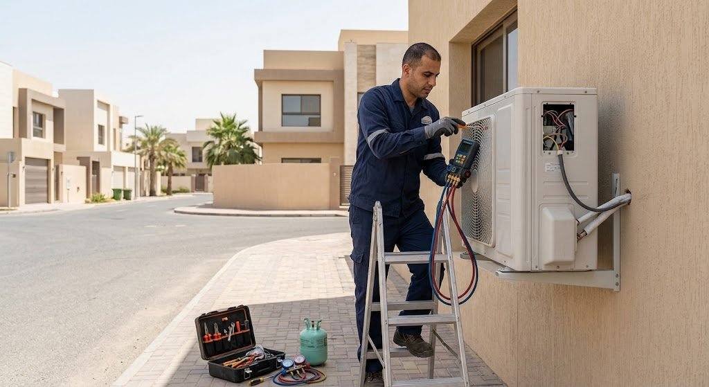 فني تكييف محترف يقوم بصيانة وإصلاح المكيفات بعناية ضمن خدمات فني تكييف جابر الاحمد بالكويت لضمان تبريد مثالي وكفاءة تشغيل عالية.