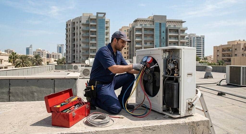 فني تكييف محترف يقوم بصيانة وتصليح المكيفات بجودة عالية وكفاءة ضمن خدمات فني تكييف المهبولة بالكويت لضمان تبريد مثالي وراحة للعملاء.