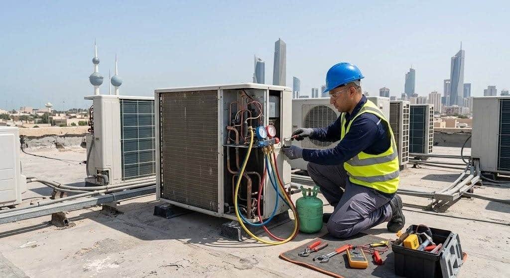 فني تكييف محترف يقوم بصيانة وإصلاح المكيفات بعناية ضمن خدمات فني تكييف الفحيحيل بالكويت لضمان تبريد مثالي وكفاءة تشغيل عالية.