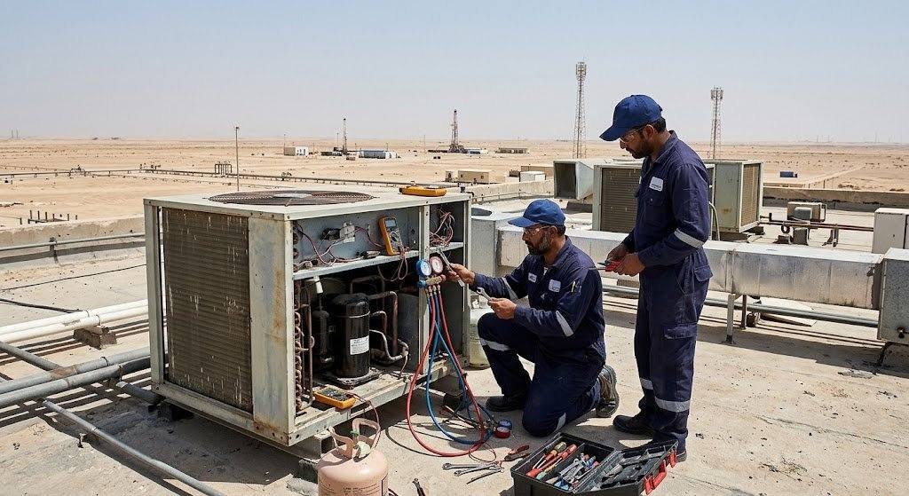 فني محترف يقوم بفحص وصيانة أجهزة التكييف بكفاءة عالية ضمن خدمات فني تكييف الاحمدي بالكويت لضمان التبريد المثالي والعمل المستمر.